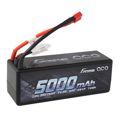 Gens ace hardcase LiPo battery pack with 5000mAh label, 14.8V 50C 4S1P, red power lead and balance plug