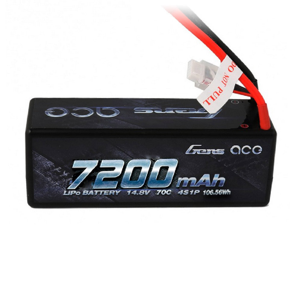 Gens ace hardcase LiPo battery pack labeled 7200mAh 14.8V 70C 4S1P with power leads and balance plug