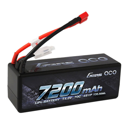 Gens ace hardcase LiPo battery pack labeled 7200mAh 14.8V 4S1P with main power lead and balance plug