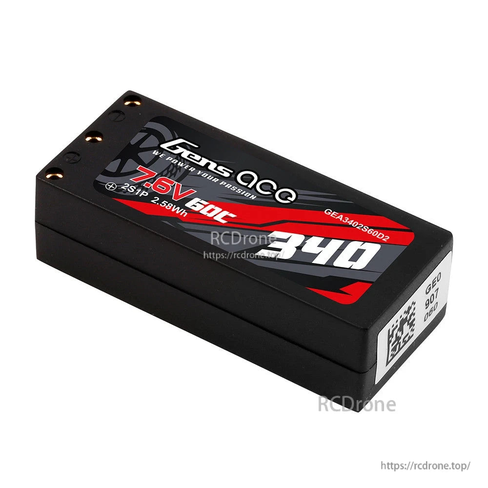 Gens ace LiPo Battery, Gens ace 2S LiPo battery pack labeled 7.6V 340mAh 50C, compact rectangular hard-case design