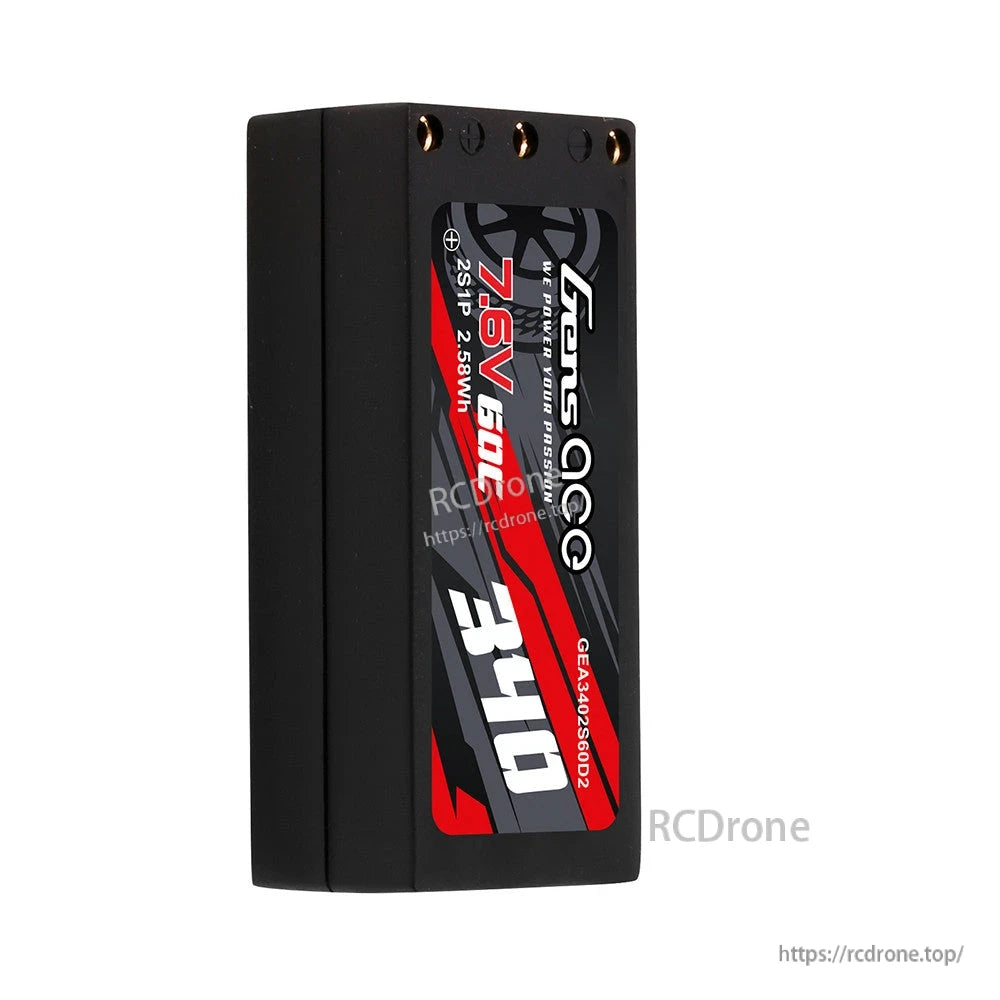 Gens ace LiPo battery pack labeled 7.6V 500mAh (2S1P) with top bullet terminals and black casing
