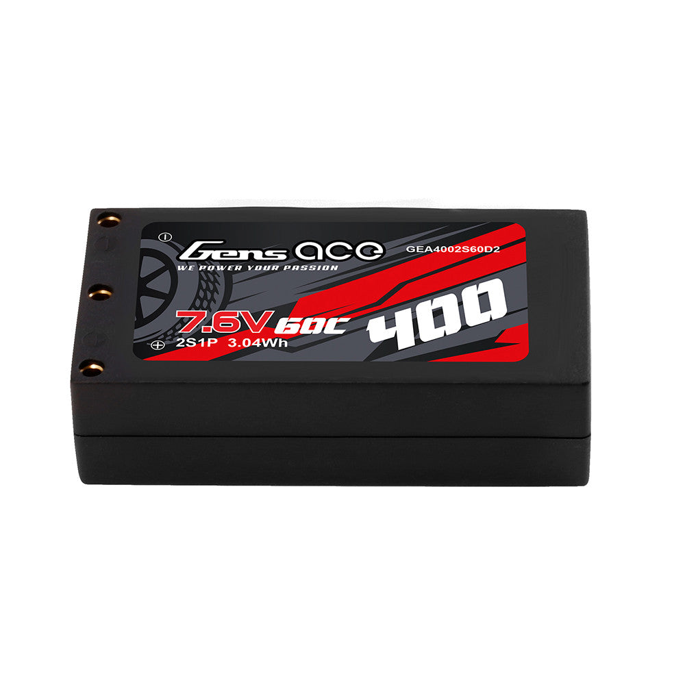 Gens ace LiPo battery pack labeled 7.6V 50C 400, 2S1P 3.04Wh in a compact hard case
