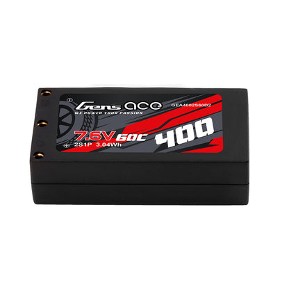 Gens ace LiPo battery pack labeled 7.6V 50C 400, 2S1P 3.04Wh in a compact hard case