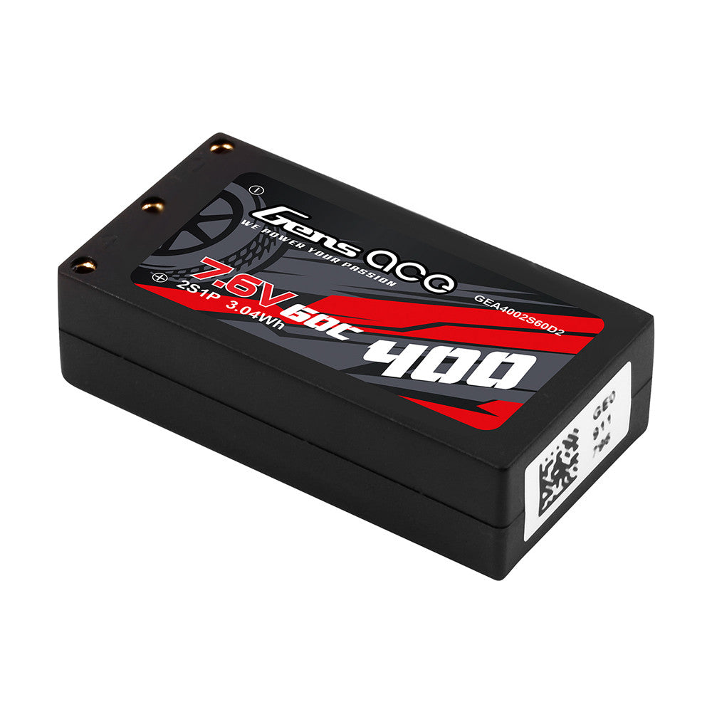 Gens ace LiPo battery pack labeled 7.6V 50C 400mAh (2S1P) in a compact black hard case