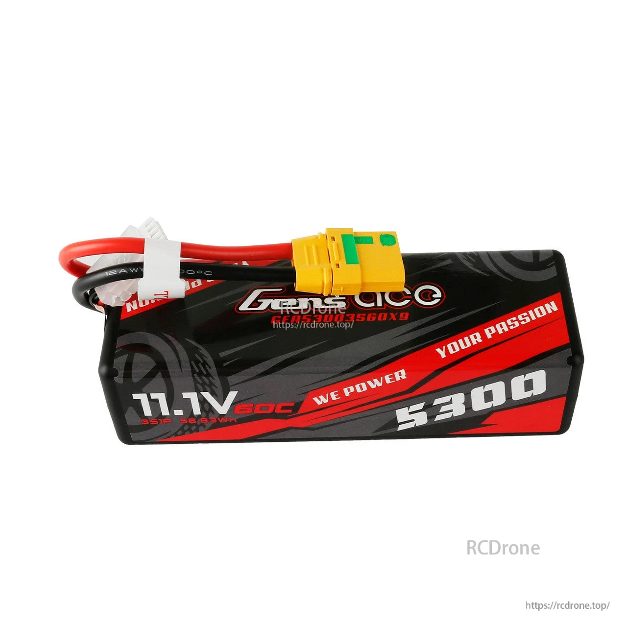Gens ace LiPo Battery, Gens ace 11.1V 5300mAh 50C 3S LiPo battery pack with yellow XT90-style plug and balance lead