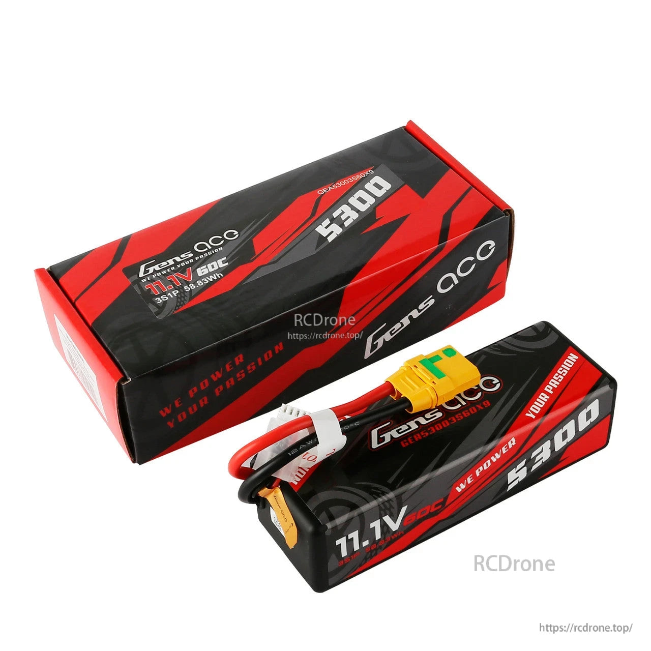 Gens ace LiPo battery pack 11.1V 5300mAh 60C (3S) with yellow XT-style main connector and balance lead