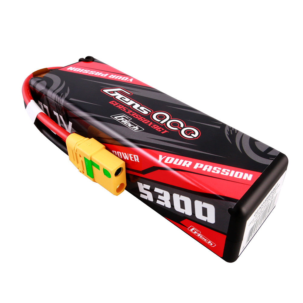 Gens ace LiPo battery pack with 5300 capacity marking and yellow high-current connector on red and black wrap