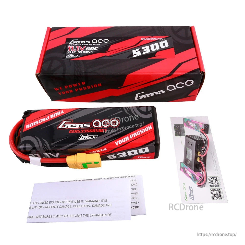 Gens ace LiPo Battery, Gens ace 11.1V 3S 5300mAh 60C LiPo battery pack with XT60 connector, retail box and paperwork