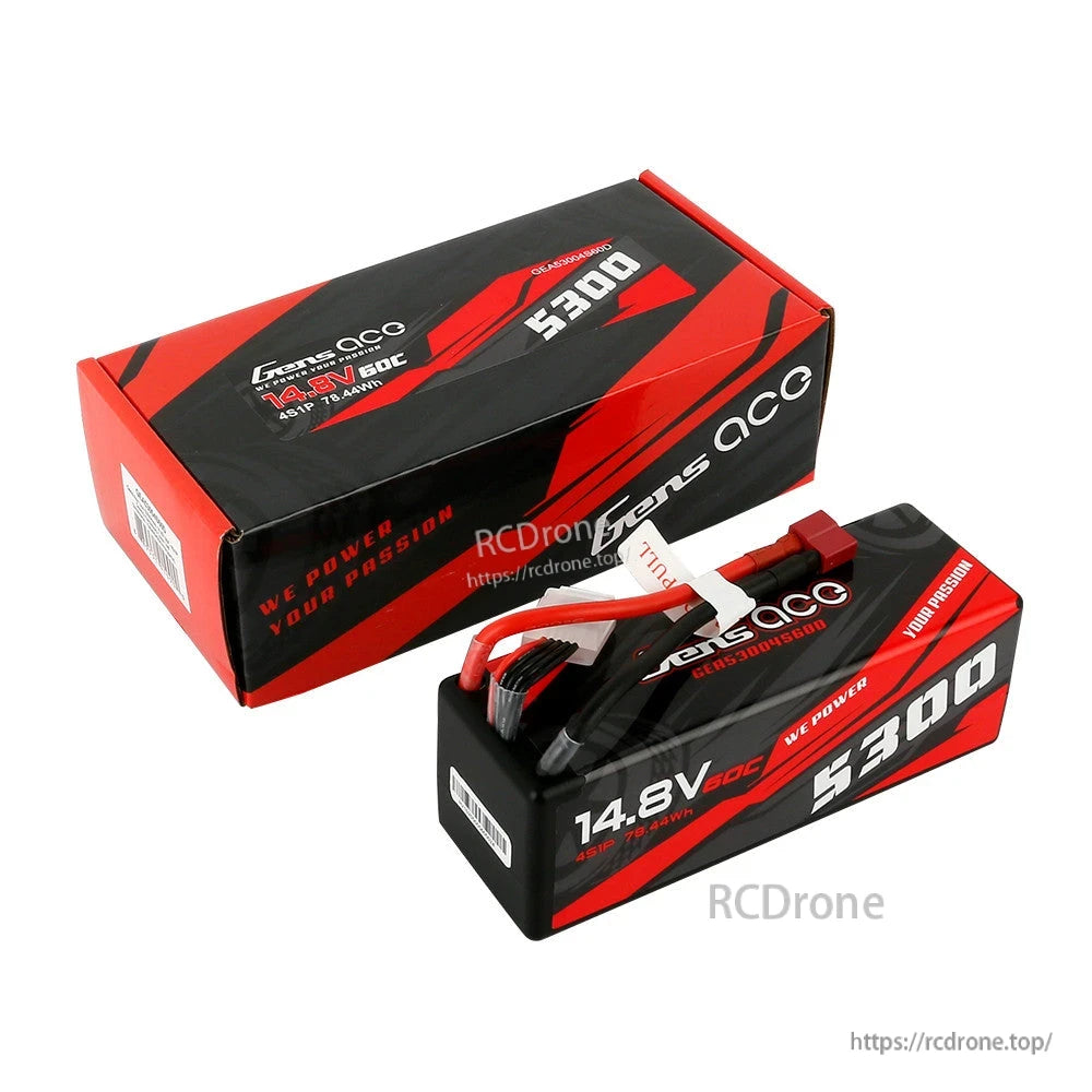 Gens ace LiPo Battery, Gens ace 5300mAh 14.8V 4S 60C LiPo battery with red T-plug lead, balance connector, and retail box
