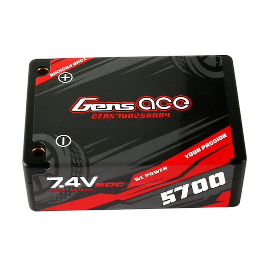 Gens ace LiPo battery pack labeled 7.4V 60C 5700mAh in a black hard case with red graphics