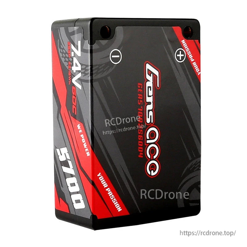 Gens ace LiPo Battery, Gens ace hardcase LiPo battery pack labeled 7.4V 50C 5700mAh, with + and - terminal markings on top
