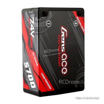 Gens ace LiPo Battery, Gens ace hardcase LiPo battery pack labeled 7.4V 50C 5700mAh, with + and - terminal markings on top