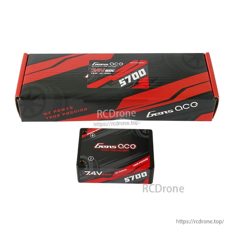 Gens ace LiPo battery pack with box, labeled 7.4V 5700mAh 60C in red and black casing