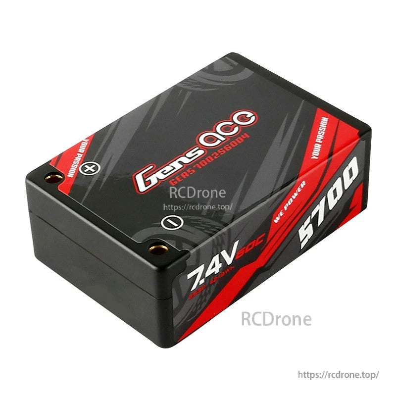 Gens ace LiPo Battery, Gens ace hardcase LiPo battery pack labeled 7.4V 5700mAh with red and black casing