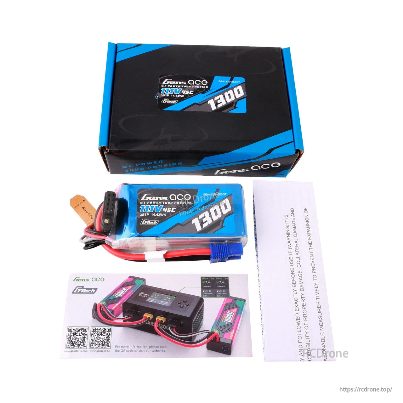 Gens ace LiPo Battery, Gens ace 11.1V 45C 1300mAh LiPo battery pack with blue connector, balance lead, box and manuals