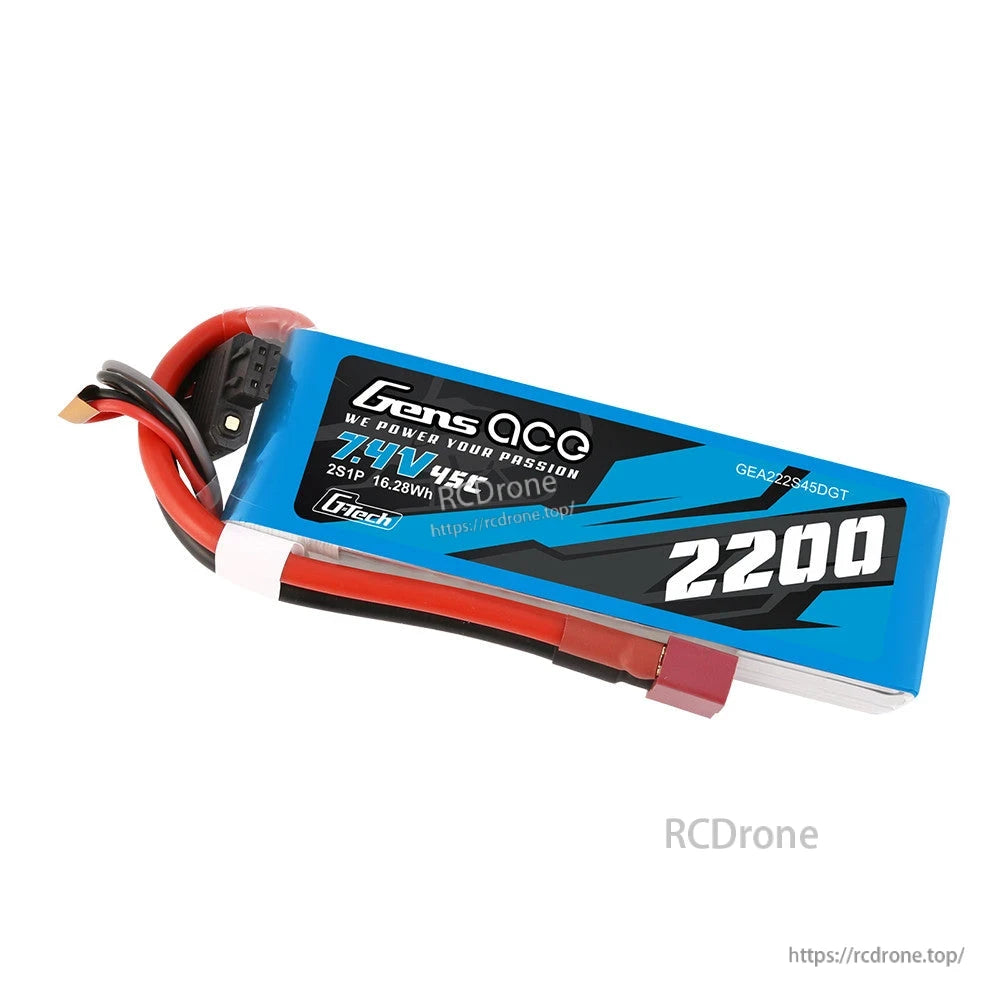 Gens ace LiPo Battery, Gens ace 7.4V 2200mAh 2S LiPo battery pack with 45C label, Deans-style main plug and balance lead