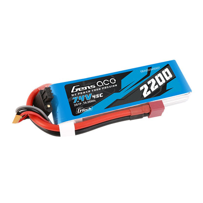 Gens ace LiPo Battery, Gens ace 7.4V 2200mAh 45C LiPo battery pack with lead wires, balance plug, and T-style connector