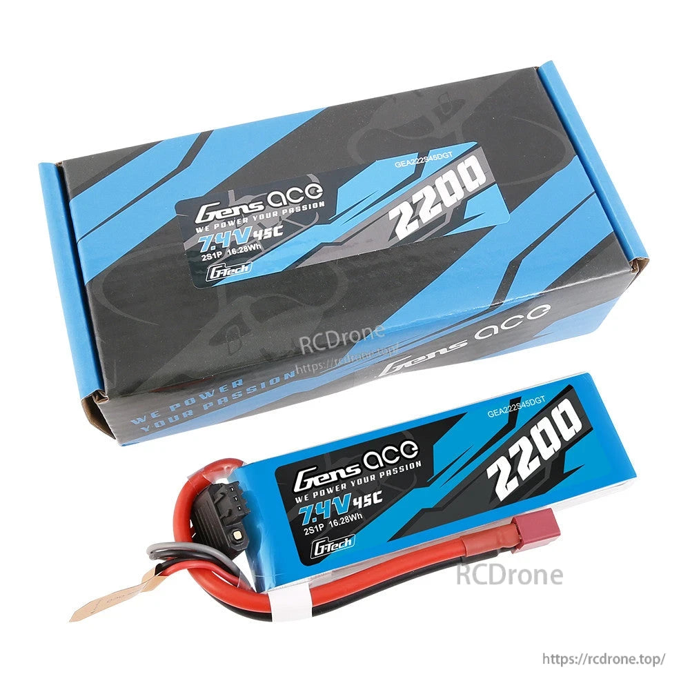 Gens ace LiPo Battery, Gens ace 2200mAh 7.4V 45C 2S LiPo battery pack with Deans-style plug and balance lead, with retail box