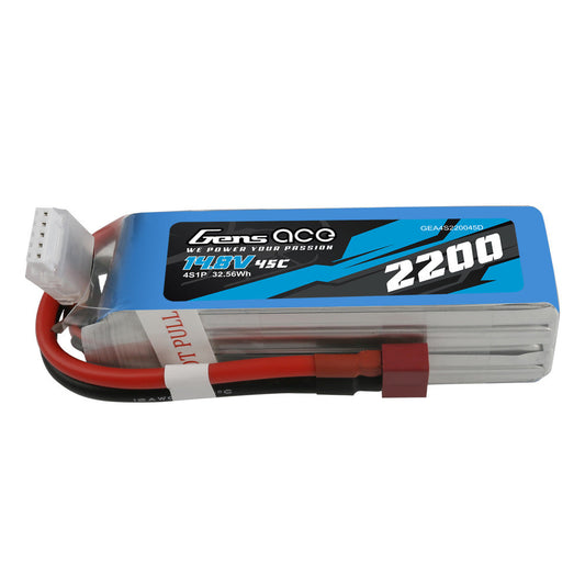 Gens ace LiPo Battery, Gens ace 2200mAh 14.8V 4S LiPo battery pack with 45C label, balance lead and T-plug style connector