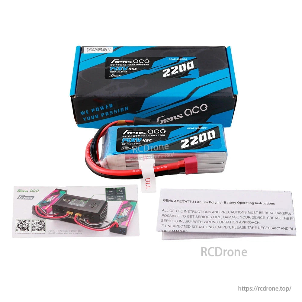 Gens ace LiPo Battery, Gens ace Tattu 4S 2200mAh 45C LiPo battery pack with box, red XT60-style lead, and instruction cards