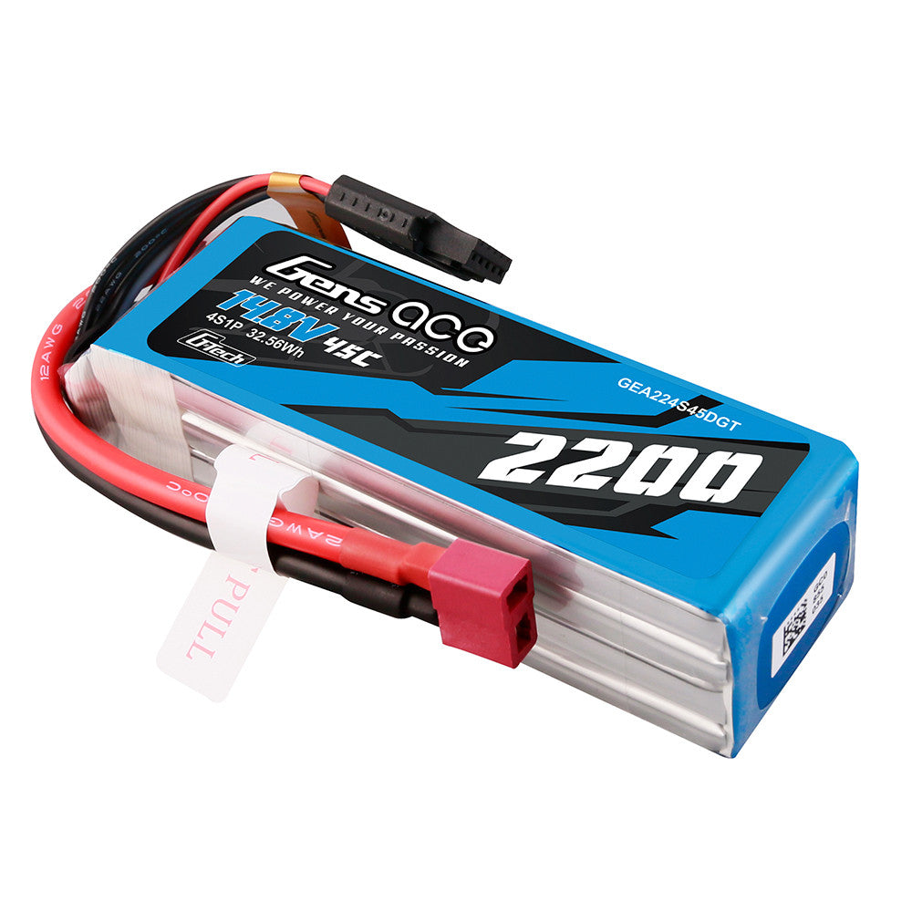 Gens ace LiPo Battery, Gens ace 14.8V 2200mAh 4S LiPo battery pack with Deans-style plug, balance lead, and pull tab