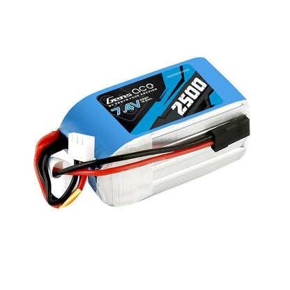 Gens ace LiPo battery pack labeled 7.4V 2500mAh (2S2P) with attached power and balance leads