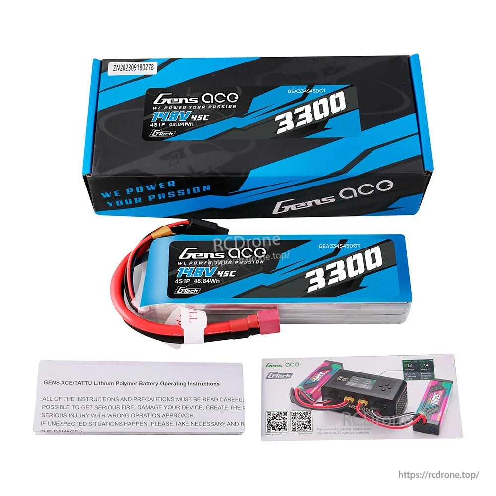 Gens ace LiPo Battery, Gens ace 3300mAh 14.8V 4S 45C LiPo battery pack with leads, balance plug, and retail box