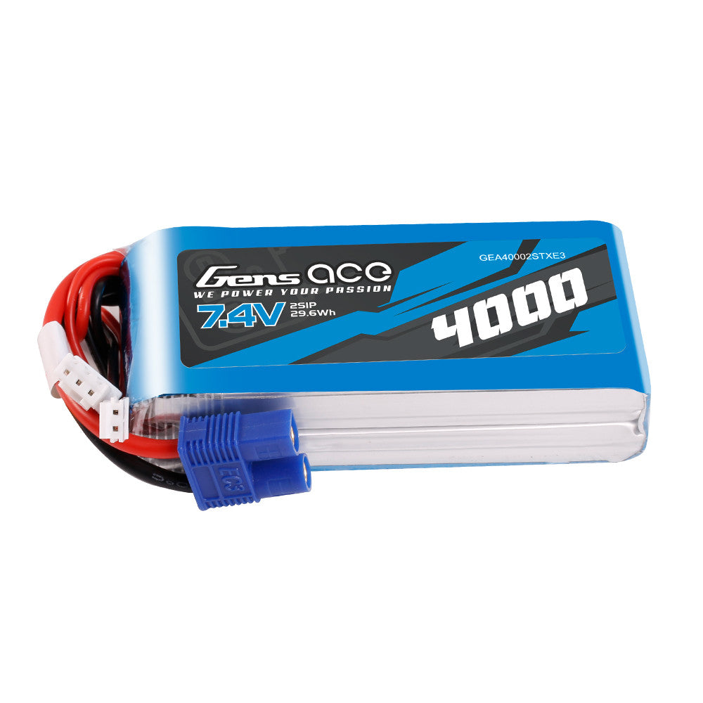 Gens ace LiPo Battery, Gens ace 7.4V 2S 4000mAh LiPo battery pack with EC3 power connector and white balance lead