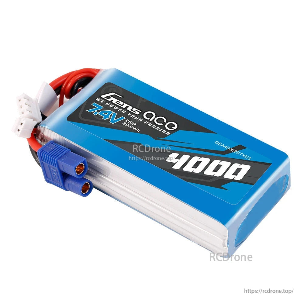 Gens ace LiPo Battery, Gens ace 7.4V 4000mAh 2S LiPo battery pack with EC3 main plug and white balance connector