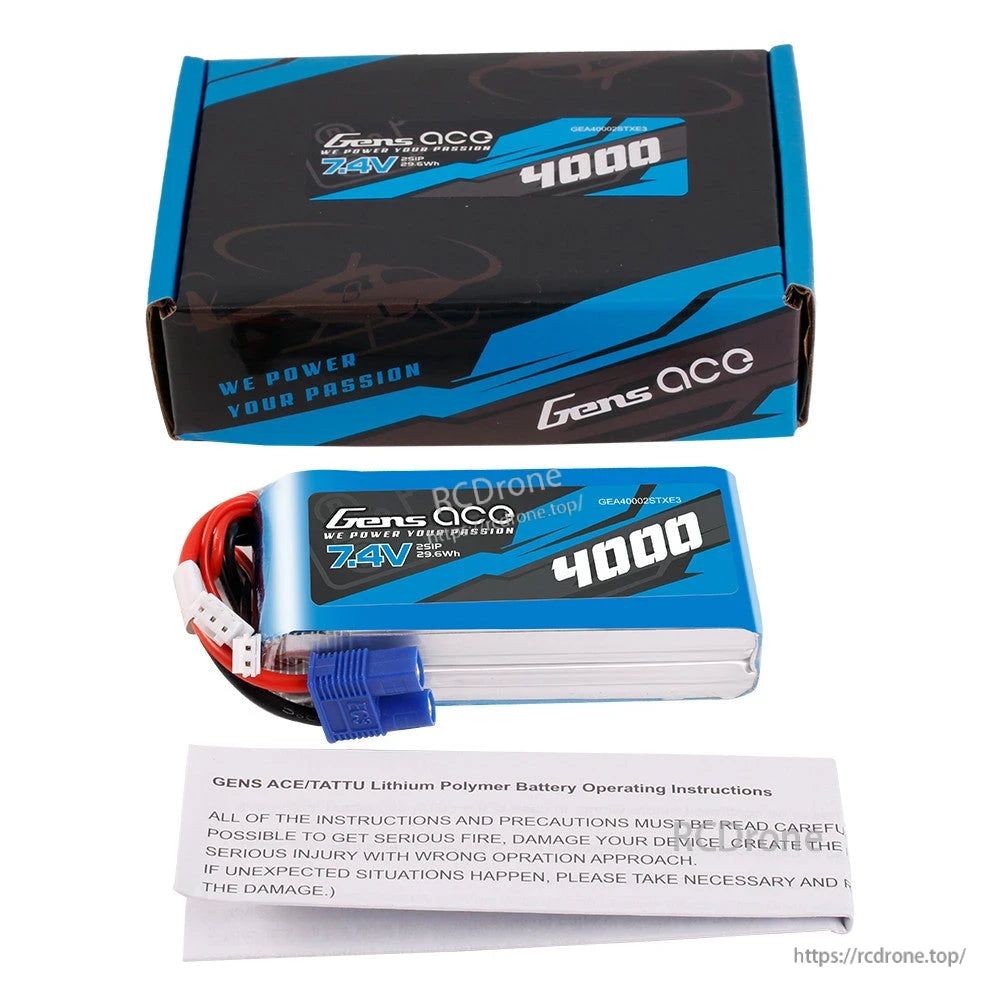 Gens ace LiPo Battery, Gens ace 7.4V 4000mAh 2S LiPo battery pack with blue power connector, balance plug, box and instructions