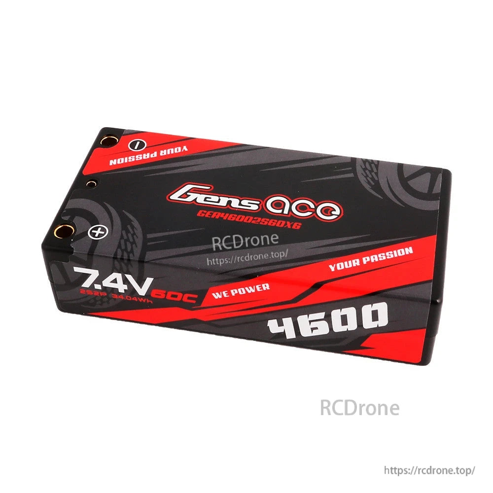 Gens ace LiPo battery pack labeled 7.4V 50C 4600mAh (2S2P), black and red hard case