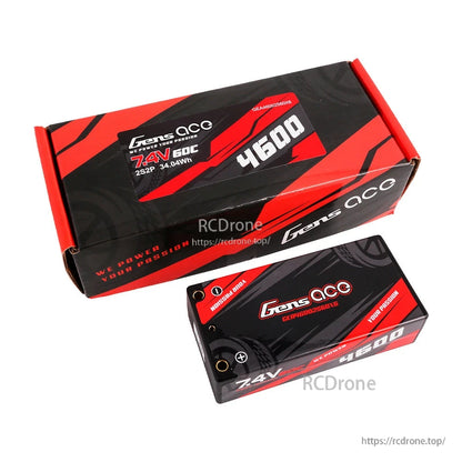 Gens ace LiPo battery pack with box, labeled 7.4V 4600mAh 60C (2S2P) hardcase design