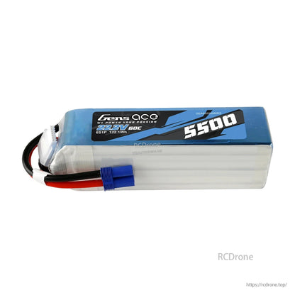 Gens ace LiPo Battery, Gens ace 6S 22.2V 5500mAh 60C LiPo battery pack with blue EC5-style connector and balance lead