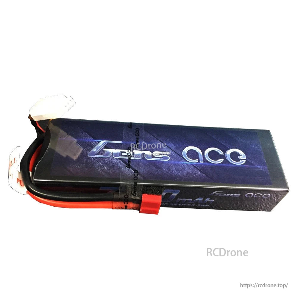 Gens ace LiPo battery pack with red power connector and white balance plug, wrapped in dark blue label