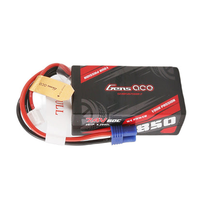 Gens ace LiPo battery pack labeled 7.4V 60C 850mAh with blue main plug and white balance connector