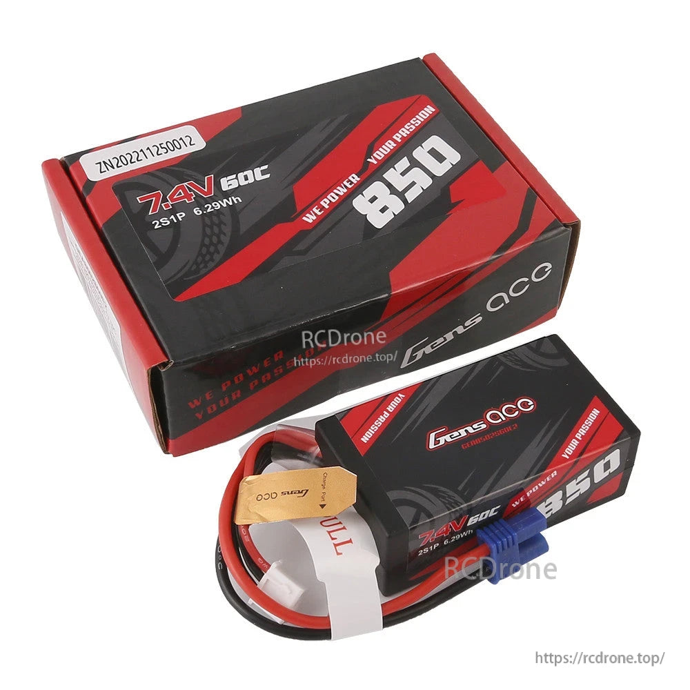 Gens ace LiPo battery pack with retail box, labeled 7.4V 60C 850mAh (2S1P) and blue power plug