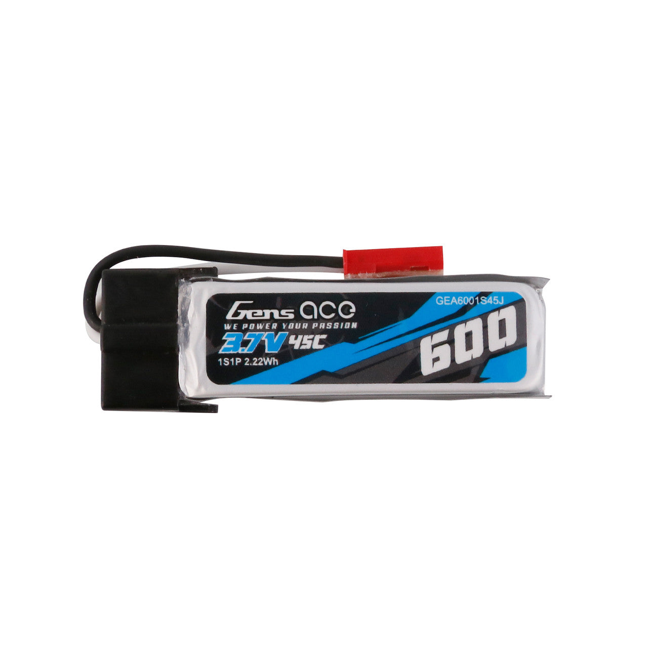 Gens ace LiPo battery, Gens ace 3.7V 600mAh 45C 1S LiPo battery pack with red connector lead and labeled shrink wrap