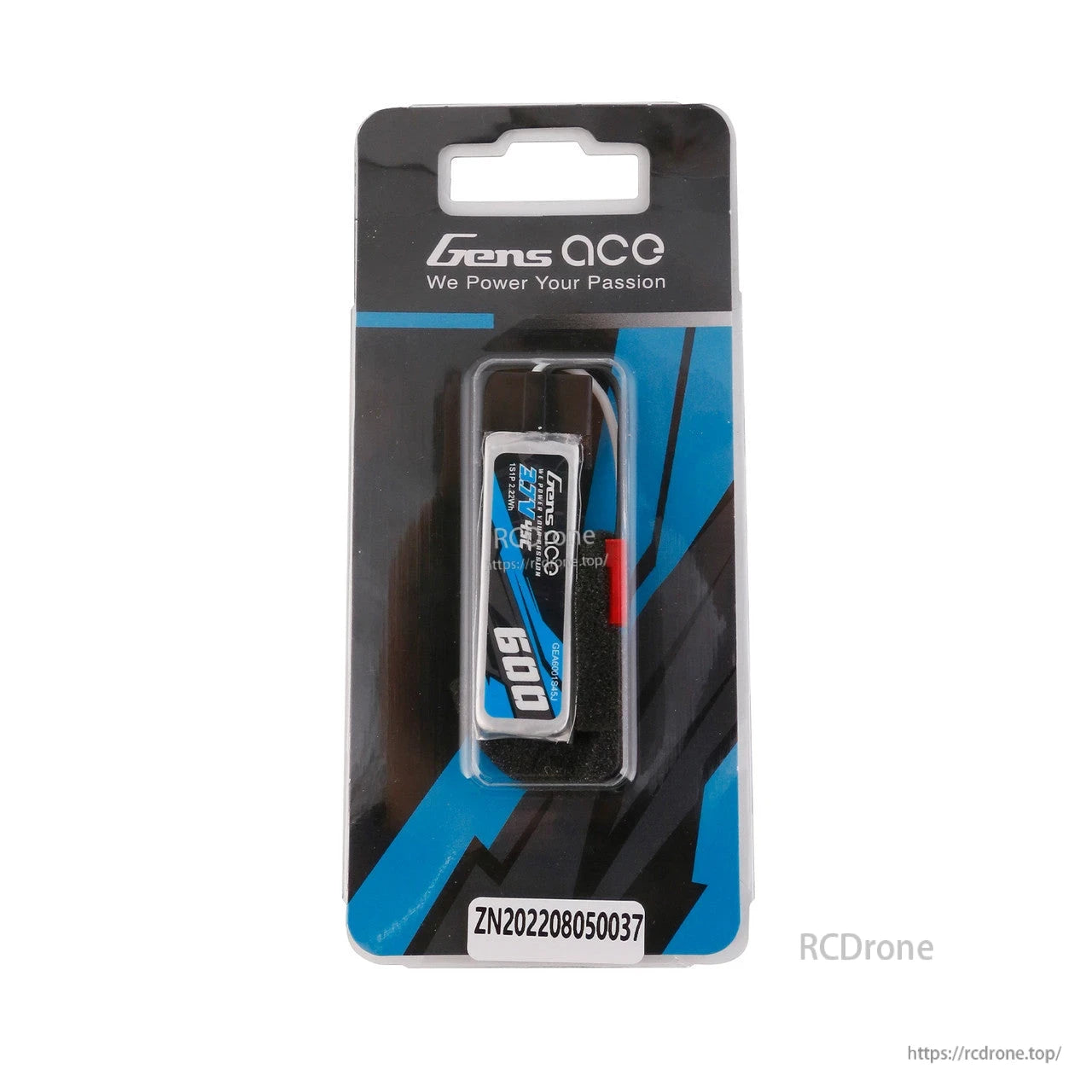 Gens ace LiPo battery, Gens ace 600mAh LiPo battery pack in retail blister packaging with lead wires and red JST-style plug