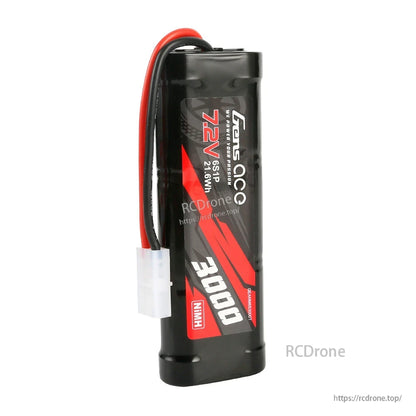 Gens ace NiMH battery pack labeled 7.2V 3000mAh with red/black leads and a white Tamiya-style connector