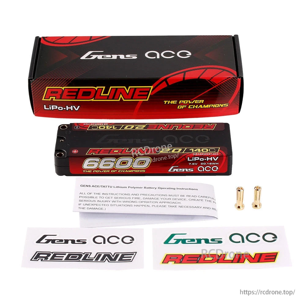 Gens ace Redline 6600mAh 7.6V LiPo-HV hardcase battery pack with box, instructions, decals and bullet plugs