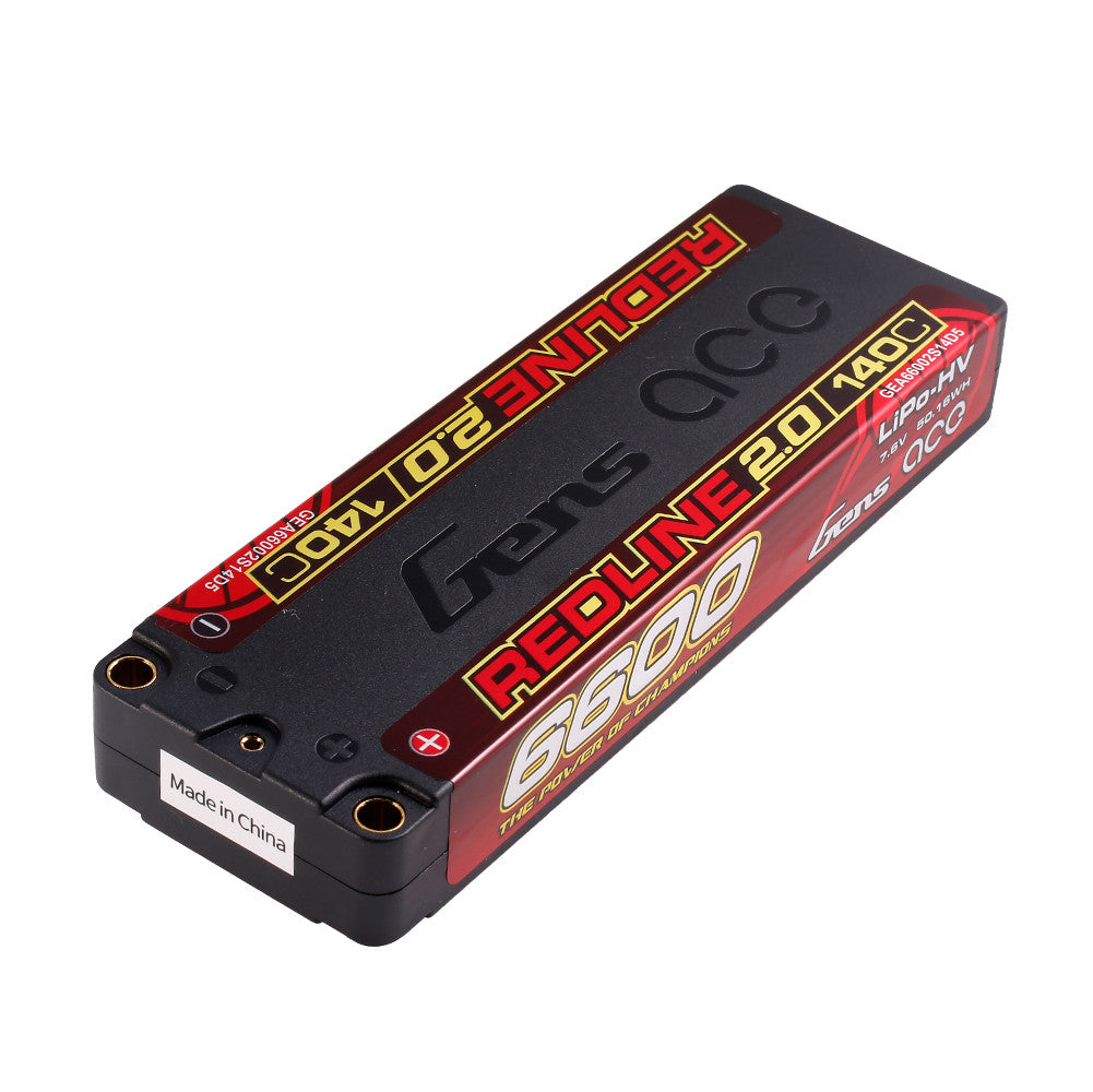 Gens ace Redline 2.0 hardcase LiPo battery pack with 6600mAh 2S 7.6V 140C label and bullet terminals