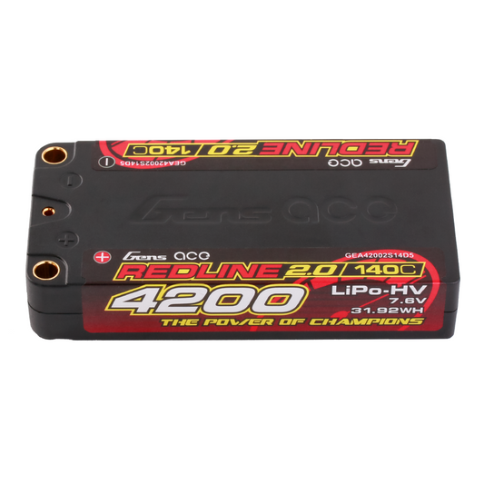 Gens ace Redline 2.0 hardcase LiPo-HV battery pack labeled 4200mAh 7.6V 140C with bullet terminals