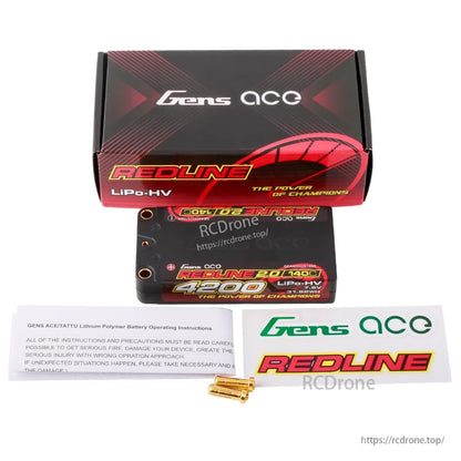 Gens ace Redline 2.0 4200mAh 2S 7.6V LiPo-HV hardcase battery pack with box, decals, and 5.0mm bullet plugs