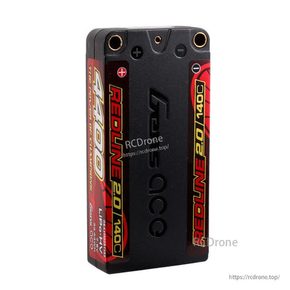 Gens ace Redline 2.0 4400mAh hardcase shorty LiPo battery with top-mounted bullet ports and polarity marks