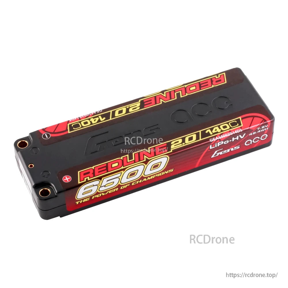 Gens ace Redline 2.0 6500mAh 2S 7.6V 140C hardcase LiPo-HV RC battery pack with bullet terminals