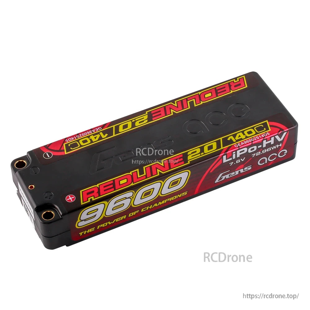Gens ace Redline 2.0 9600mAh 2S 7.6V LiPo HV hardcase battery pack with 140C label and bullet terminals
