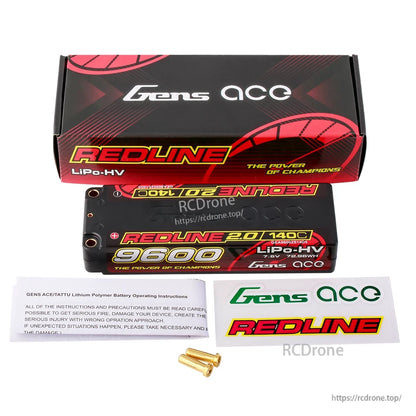 Gens ace Redline 2.0 9600mAh 2S 7.6V hardcase LiPo-HV battery pack labeled 140C with box and accessories