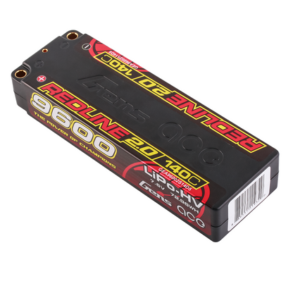 Gens ace Redline 2.0 hardcase LiPo battery pack labeled 9600mAh 2S 7.6V 140C with 5.0mm bullet ports