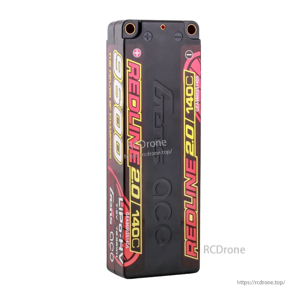 Gens ace Redline 2.0 2S 7.6V 9600mAh 140C hardcase LiPo battery pack with 5.0mm bullet terminals