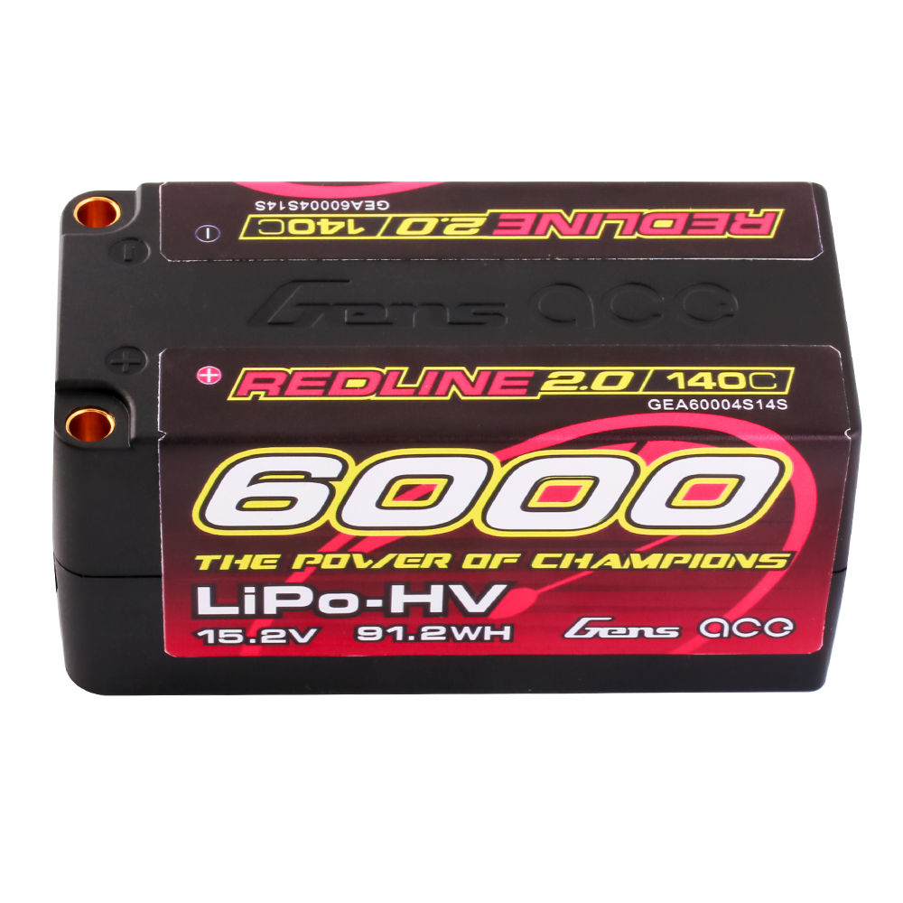 Gens ace Redline 2.0 6000mAh 4S 15.2V hardcase shorty LiPo-HV battery with 140C label and bullet ports
